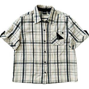 ERIKA Womens Sz M Button Up Short Sleeve Shirt Beige Plaid W/ Button Pocket